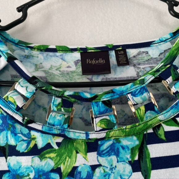 Rafaella Size L Black/White Stripe Cut Out Floral Top - Picture 3 of 16